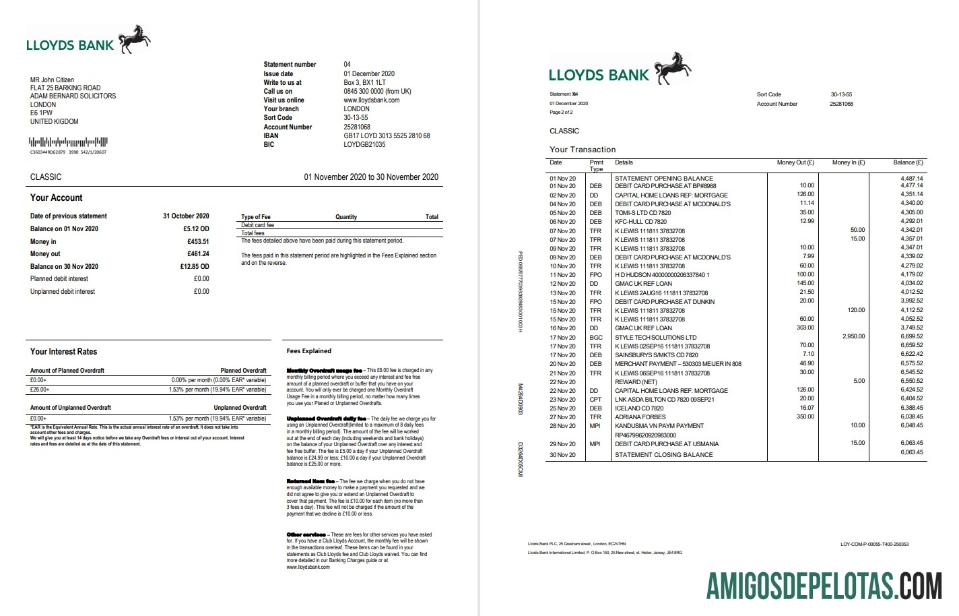 Modelo realista de extrato bancário Lloyds do Reino Unido em formato Word e PDF, bom para prova de endereço (2 páginas)